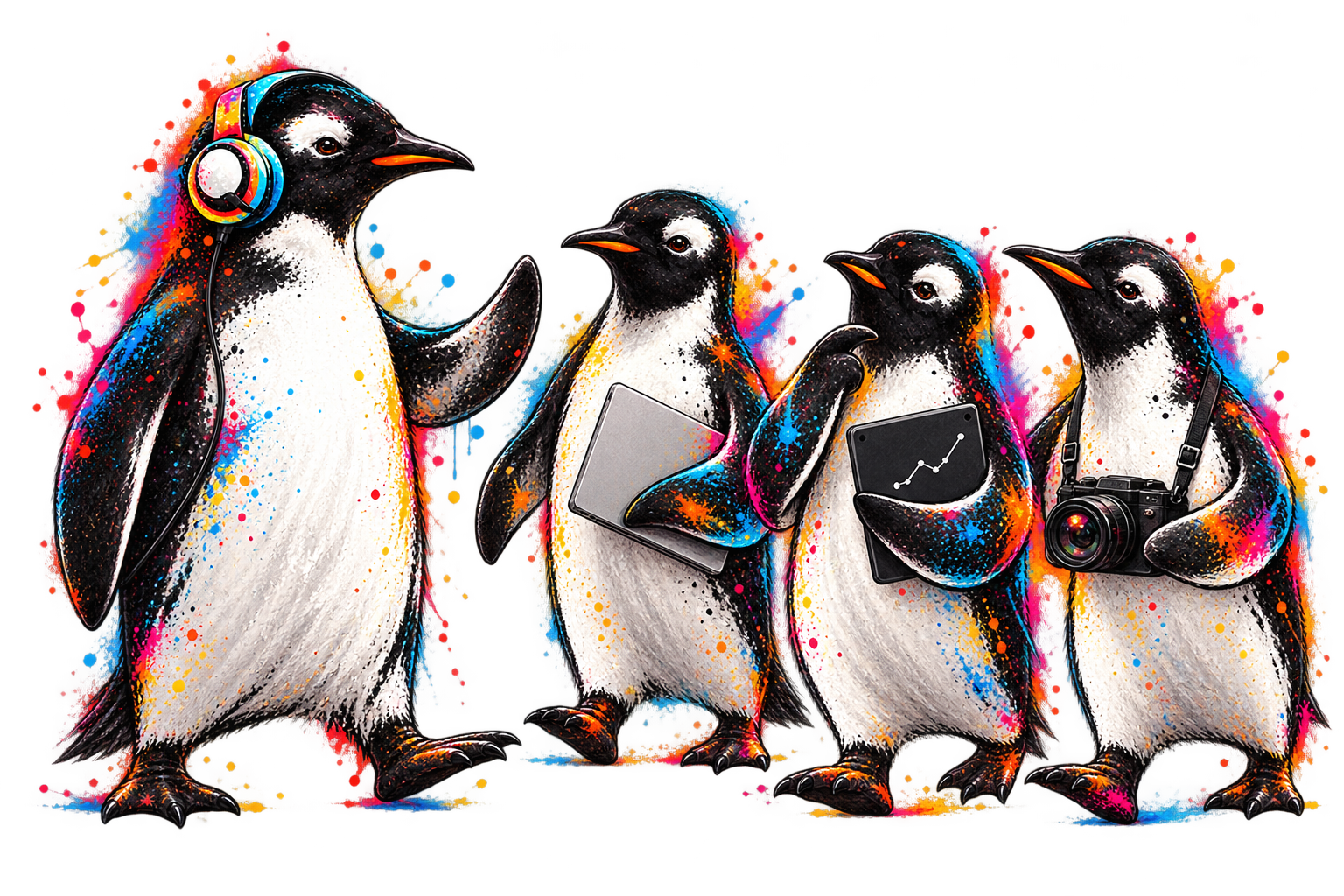 John met koptelefoon verwelkomt de drie pinguins met laptop, tablet en camera