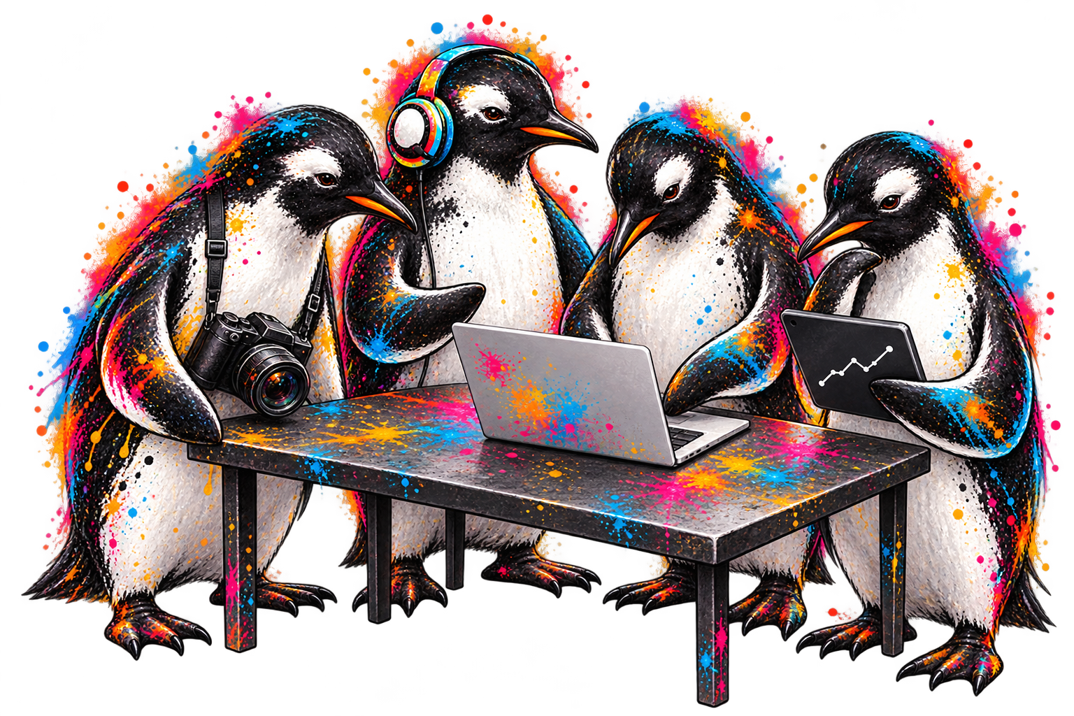 De vier Marketingbende-pinguins werken samen rond een laptop