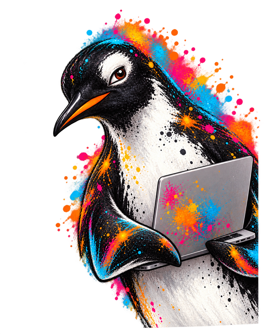 Pinguin met laptop kijkt om de hoek
