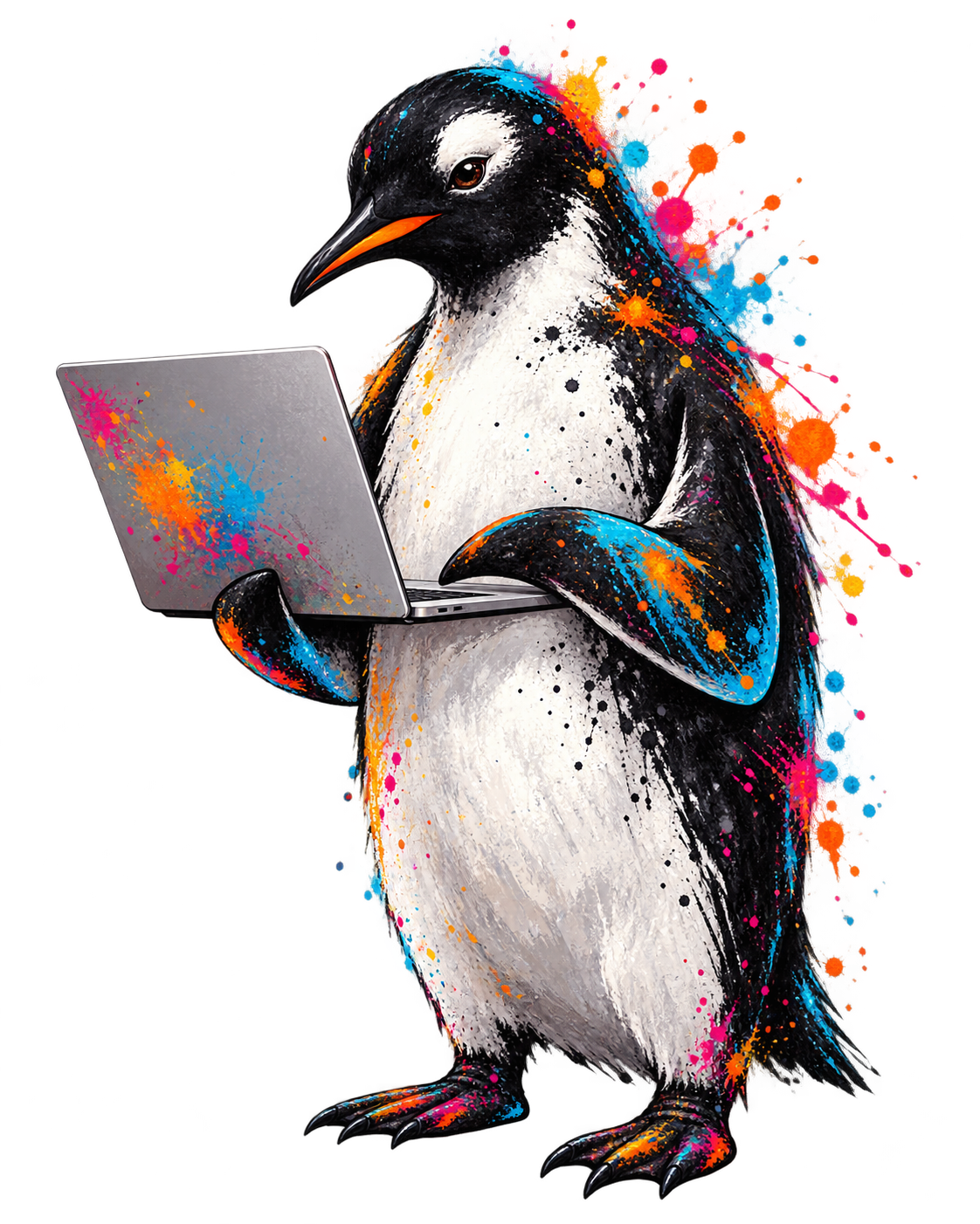 Een kleurrijke Marketingbende-pinguin met een laptop