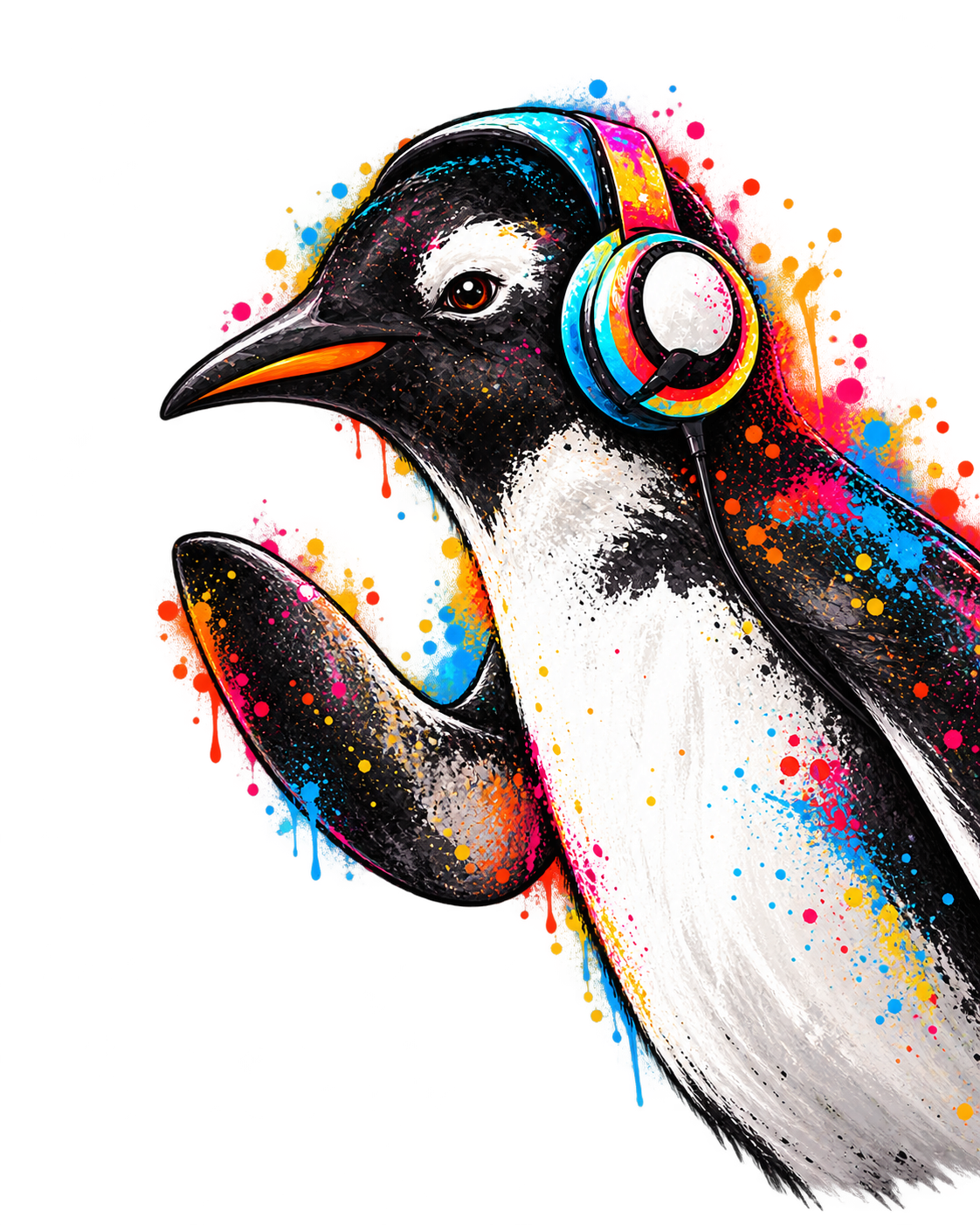 John-pinguin met koptelefoon kijkt nieuwsgierig om de hoek