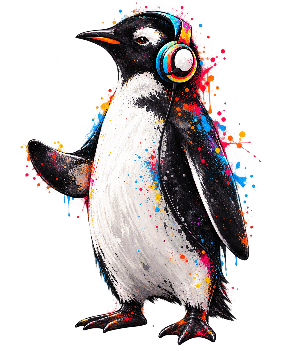 De Marketingbende-pinguin van John met een kleurrijke koptelefoon