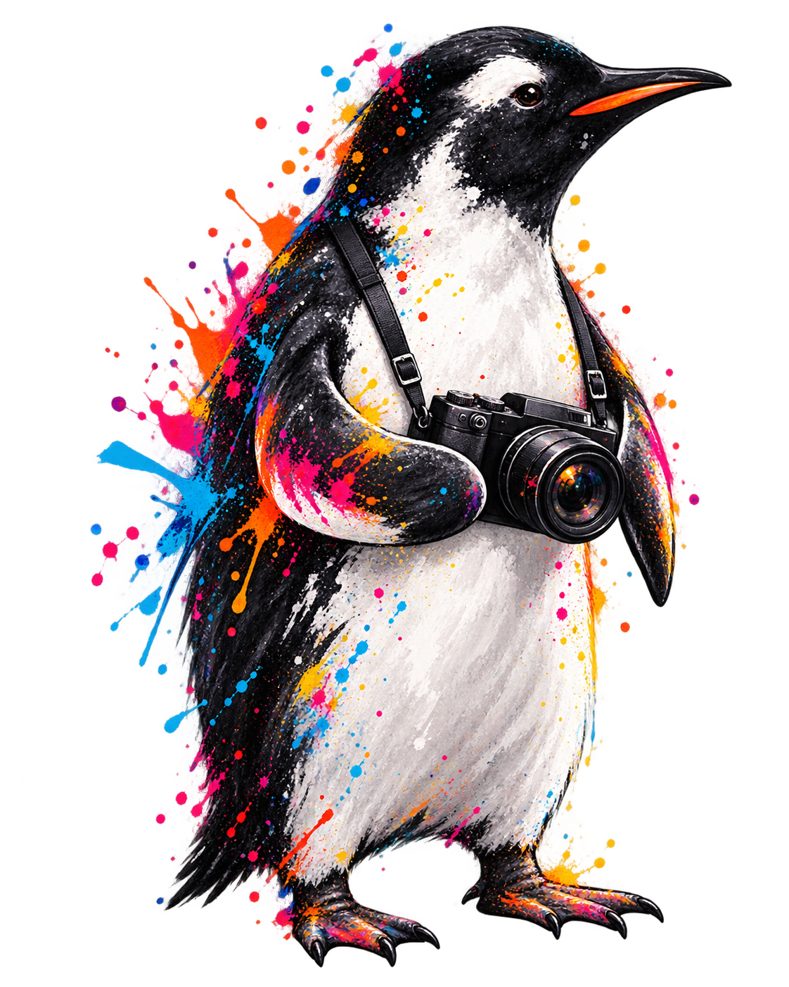 Een kleurrijke Marketingbende-pinguin met een camera