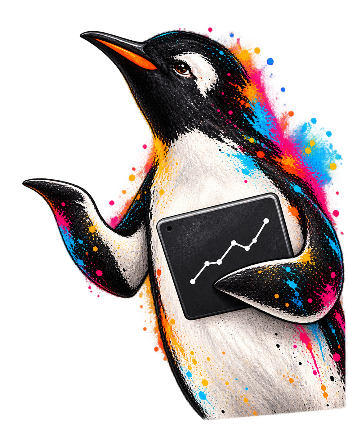Pinguin met tablet kijkt nieuwsgierig om de hoek