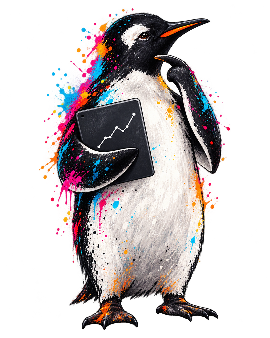 Een kleurrijke Marketingbende-pinguin met een tablet