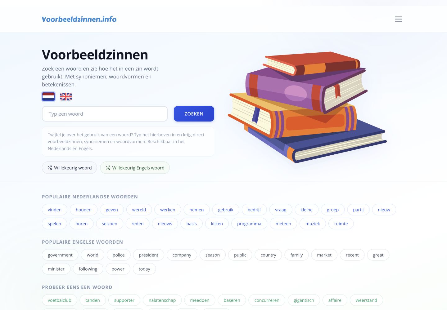De homepage van Voorbeeldzinnen.info met zoeken naar Nederlandse en Engelse voorbeeldzinnen