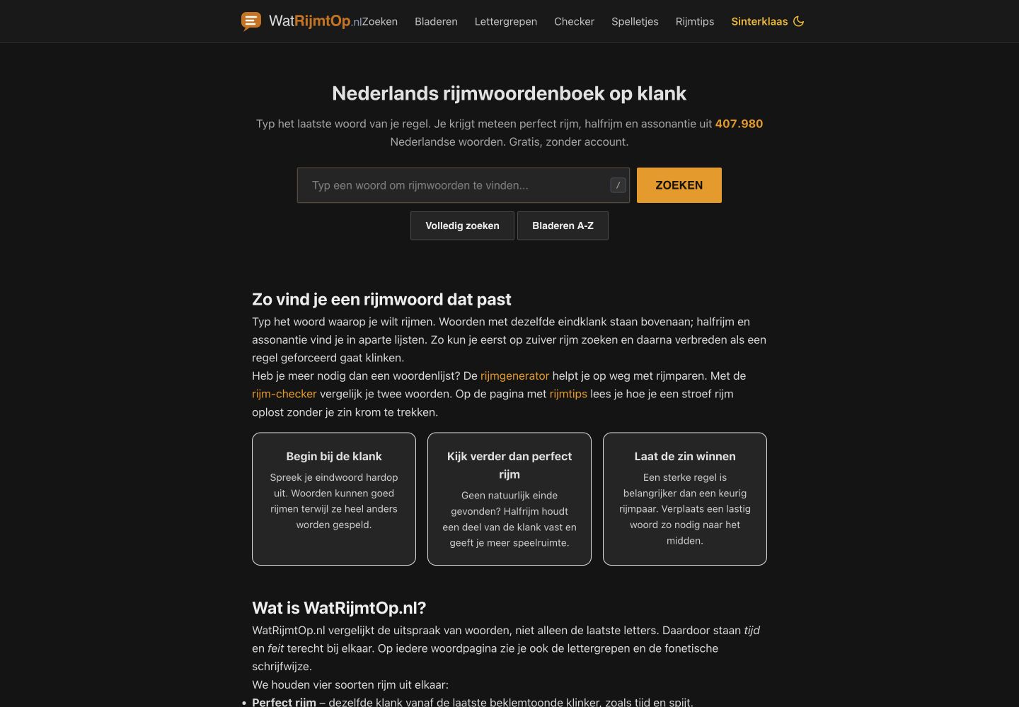 De homepage van Watrijmtop.nl met de zoekfunctie voor rijmwoorden op klank